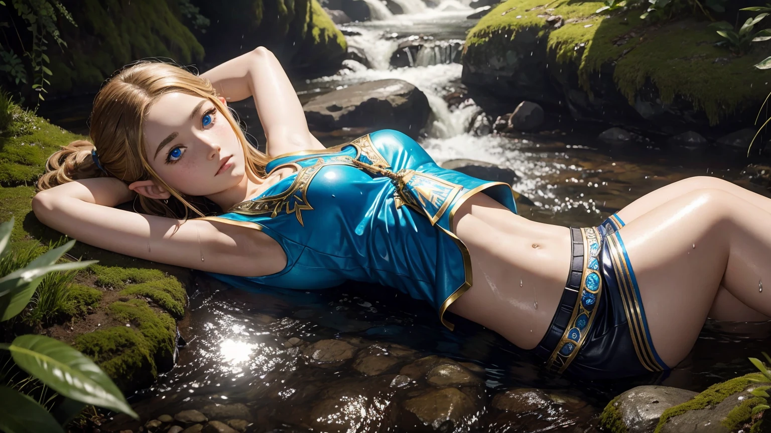 (masterpiece, best quality:1.3), Sophitia Alexandra, Soul Calibur, (cinematic angle:1.5), , look at viewer, gold hair, braid hair, (there is a beautiful sunset with a lake and trees in the background, colorful skies, surreal colors, colorful sunset, colorful sky, marvellous reflection of the sky:1.2), (topless, she is bathing, covering chest by hands:1.5),