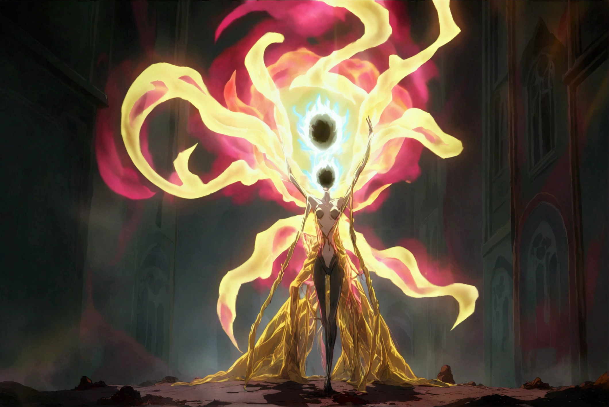 a primordial woman with a skinny body, a supermassive black hole in place of his head, holding a powerful katana, anime style, black background