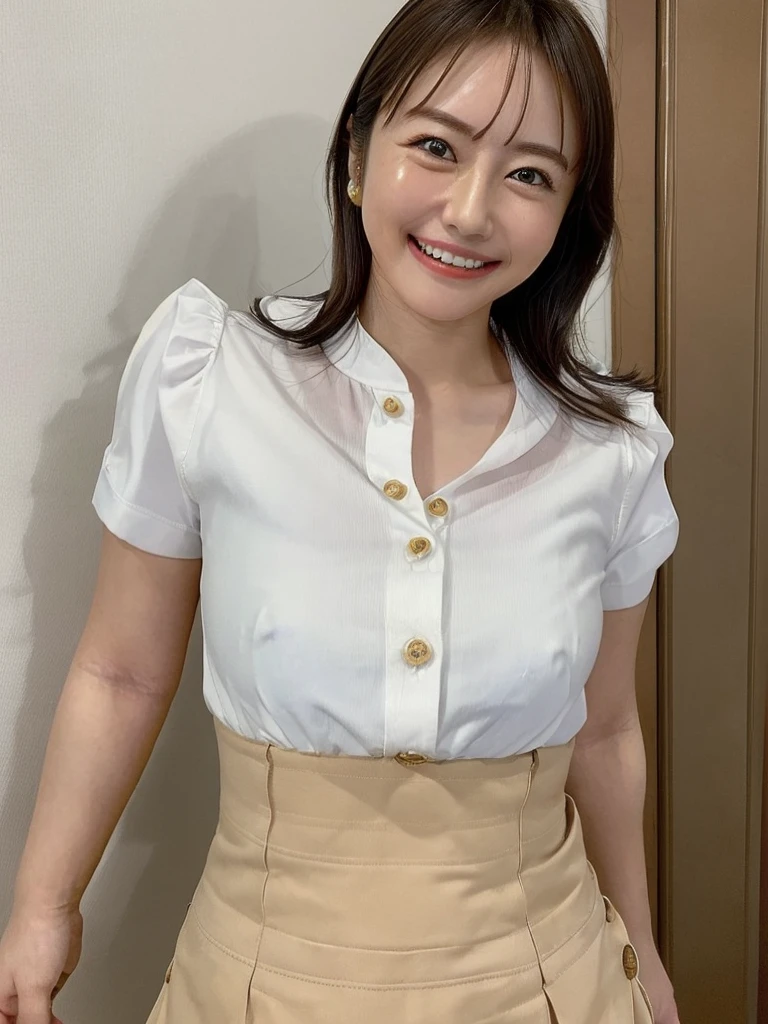 Highest quality、masterpiece、、Very detailed、Realistic、(One girl)、(Looking at me with a smile:1.5)、whole body、Small face、Narrow shoulders、Thin and beautiful legs、Tight and slim waist、(Big Breasts)、(Shirt with buttons and collar:1.2)、(mini skirt:1.2)