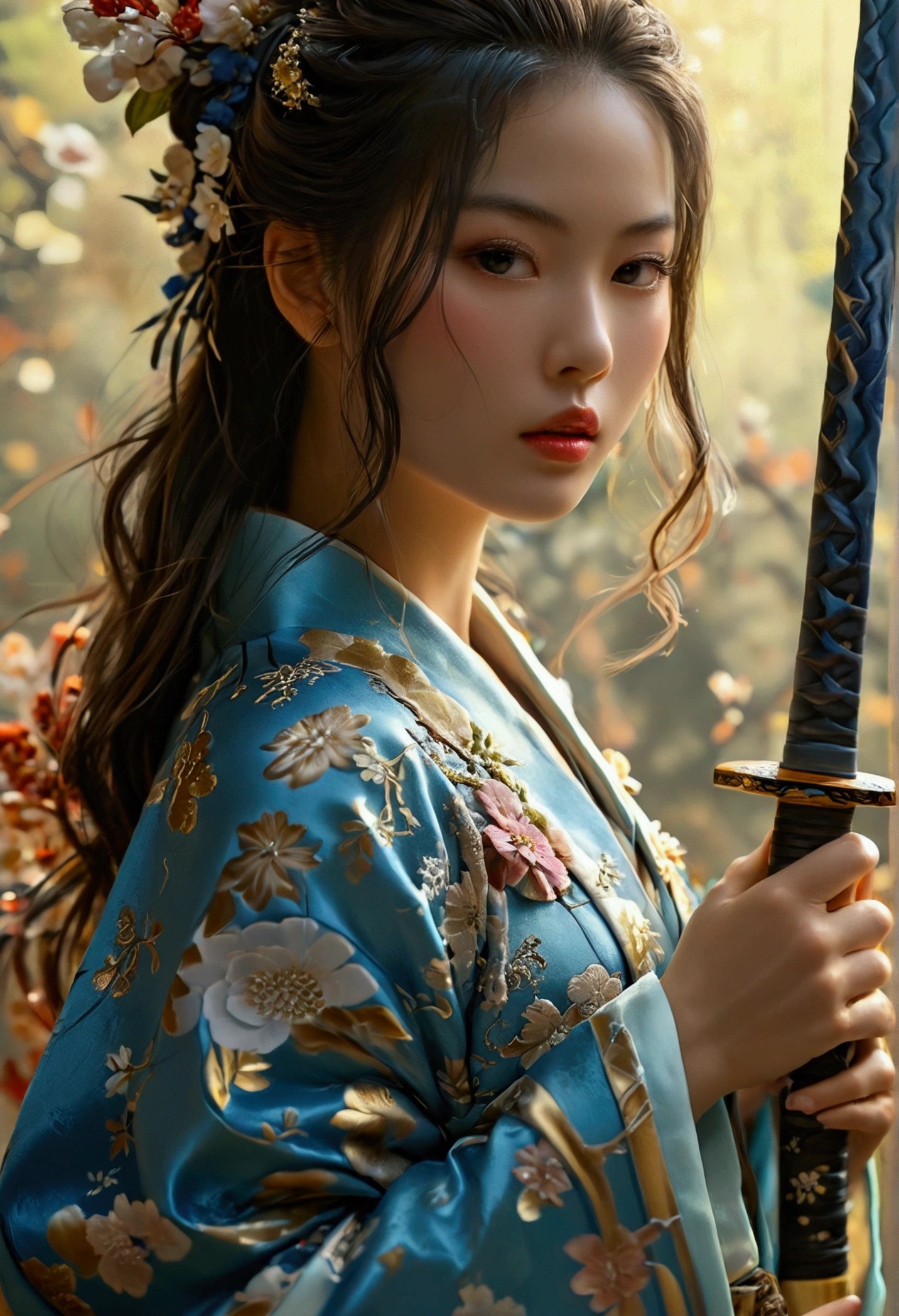 Uma linda samurai sexy, Cabelos longos azuis, (( flowing hair )), rosto lindo, corpo lindo delicado, corpo sedutor, usando um quimono aberto sexy e sedutor, empunhando sua Katana de lamina azul clara.
The image is of the highest quality, with every detail captured flawlessly in ultra-high resolution. The textures on the kimono and the intricate patterns are rendered with extreme precision. The lighting is carefully crafted to enhance the dramatic effect, com sombras profundas e destaques sutis.
Geral, The artwork exudes a sense of elegance and power, combining traditional Japanese aesthetics with a touch of modernity.