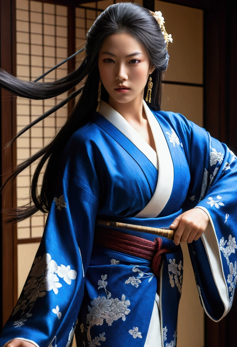 Uma linda samurai sexy, Cabelos longos azuis, (( flowing hair )), rosto lindo, corpo lindo delicado, corpo sedutor, usando um quimono aberto sexy e sedutor, empunhando sua Katana de lamina azul clara.
The image is of the highest quality, with every detail captured flawlessly in ultra-high resolution. The textures on the kimono and the intricate patterns are rendered with extreme precision. The lighting is carefully crafted to enhance the dramatic effect, com sombras profundas e destaques sutis.
Geral, The artwork exudes a sense of elegance and power, combining traditional Japanese aesthetics with a touch of modernity.