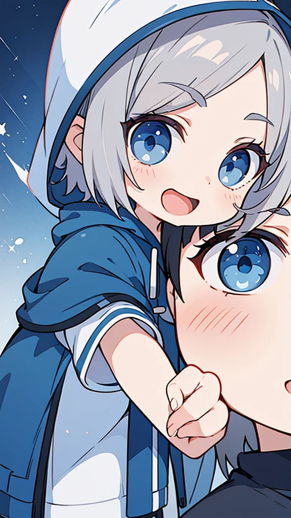 masterpiece、Very detailed、(One Girl:1.2)、Gray Hair、hoodie、Big eyes、Close-up、Laughter、8K、short hair、Gray shorts、(((Anime Style)))、Shining Eyes、Open your mouth,Blue Eyes