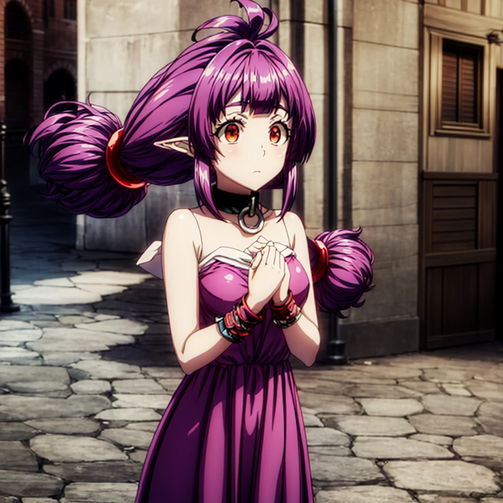 Ultra Quality, Shiny Skin, Atmospheric, 8K, Cinematic, ((Street background)), BREAK, ((short purple 2bangs Hair)) narrowed black eyes, long black dress, fingers crossed, Sunglasses
