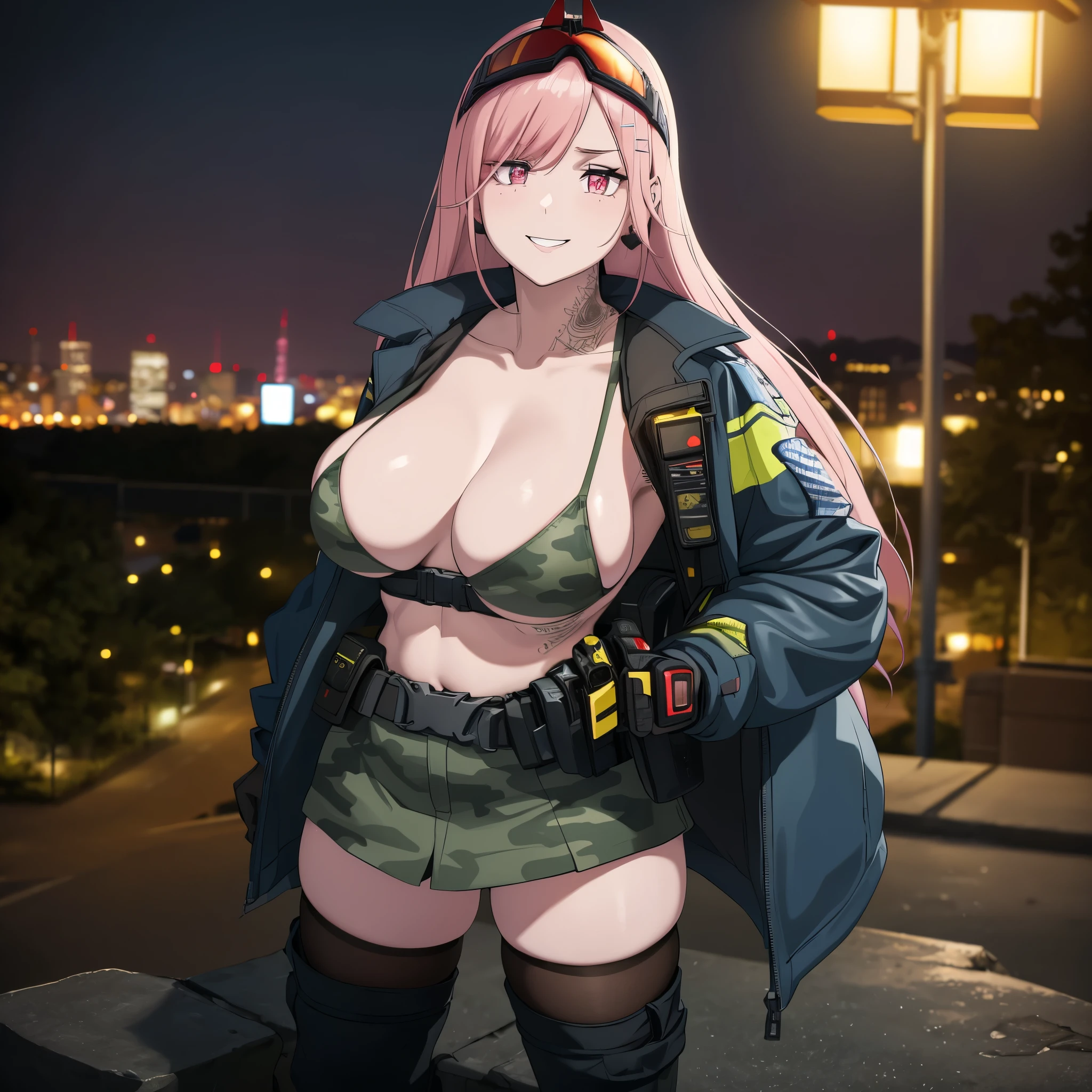 A woman wearing a black military shirt, with military camouflage, long sleeves, cargo pants with military camouflage, green arm band, pink hair, long hair, hot pink eyes, black boots, muscular, large breasts, at a high point of a rock, smiling, standing upright, with a view of the big city, place at night, lighting in place.(solo woman) ,UHD , prime work , accurate , anatomically correct , textured skin , super details , high quality , best quality, 8k, high resolution, bokeh effect.