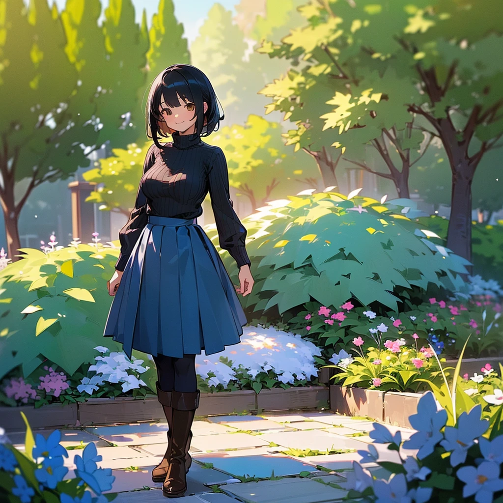 (high quality, High resolution, Very detailed, reality:1.37), Peaceful atmosphere, (Outdoor, garden), Teenage girl standing alone, (my breasts are big.), Beautiful details, Cute Smile, (Black bob hair), Ribbed sweater, Blue Skirt, Black tights, Brown boots.