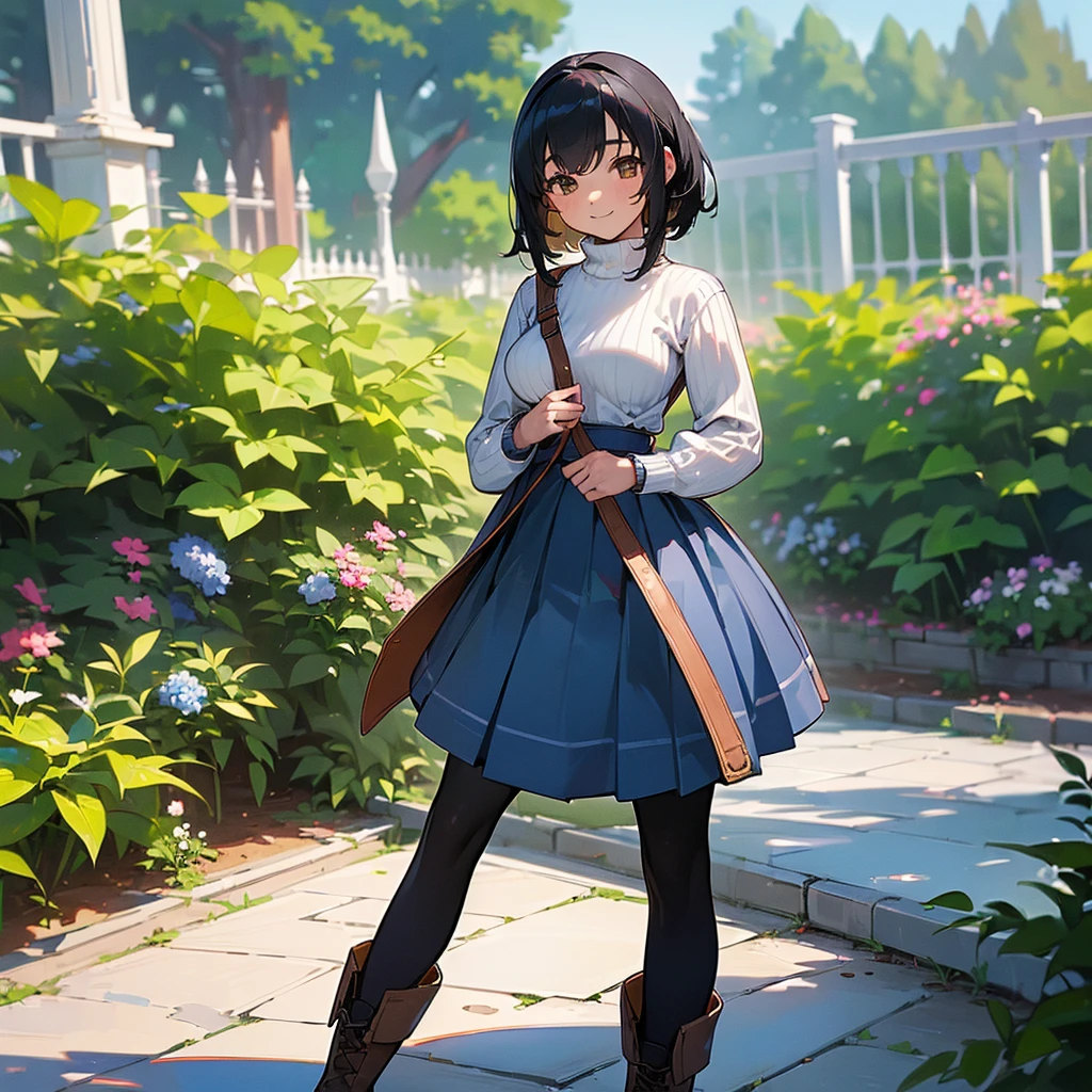 (high quality, High resolution, Very detailed, reality:1.37), Peaceful atmosphere, (Outdoor, garden), Teenage girl standing alone, (my breasts are big.), Beautiful details, Cute Smile, (Black bob hair), Ribbed sweater, Blue Skirt, Black tights, Brown boots.