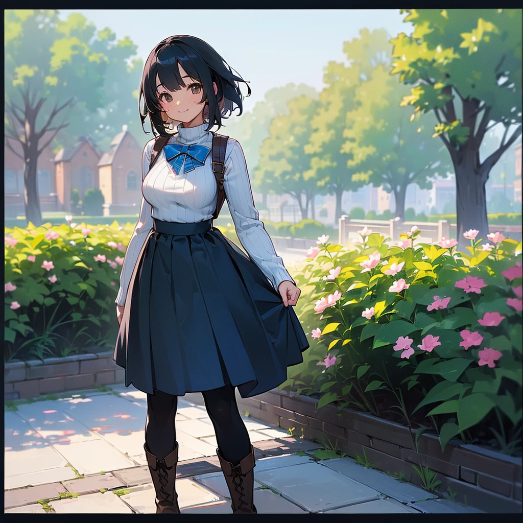 (high quality, High resolution, Very detailed, reality:1.37), Peaceful atmosphere, (Outdoor, garden), Teenage girl standing alone, (my breasts are big.), Beautiful details, Cute Smile, (Black bob hair), Ribbed sweater, Blue Skirt, Black tights, Brown boots.