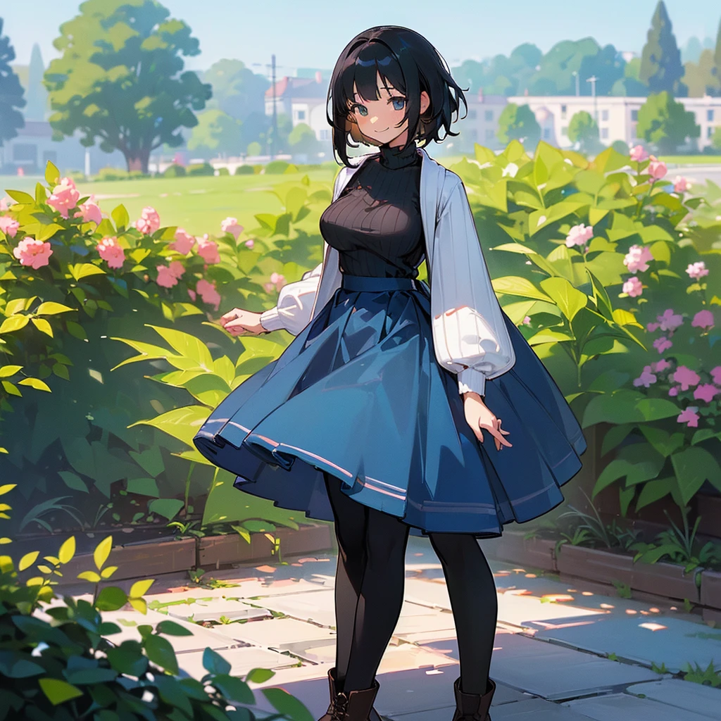 (high quality, High resolution, Very detailed, reality:1.37), Peaceful atmosphere, (Outdoor, garden), Teenage girl standing alone, (my breasts are big.), Beautiful details, Cute Smile, (Black bob hair), Ribbed sweater, Blue Skirt, Black tights, Brown boots.