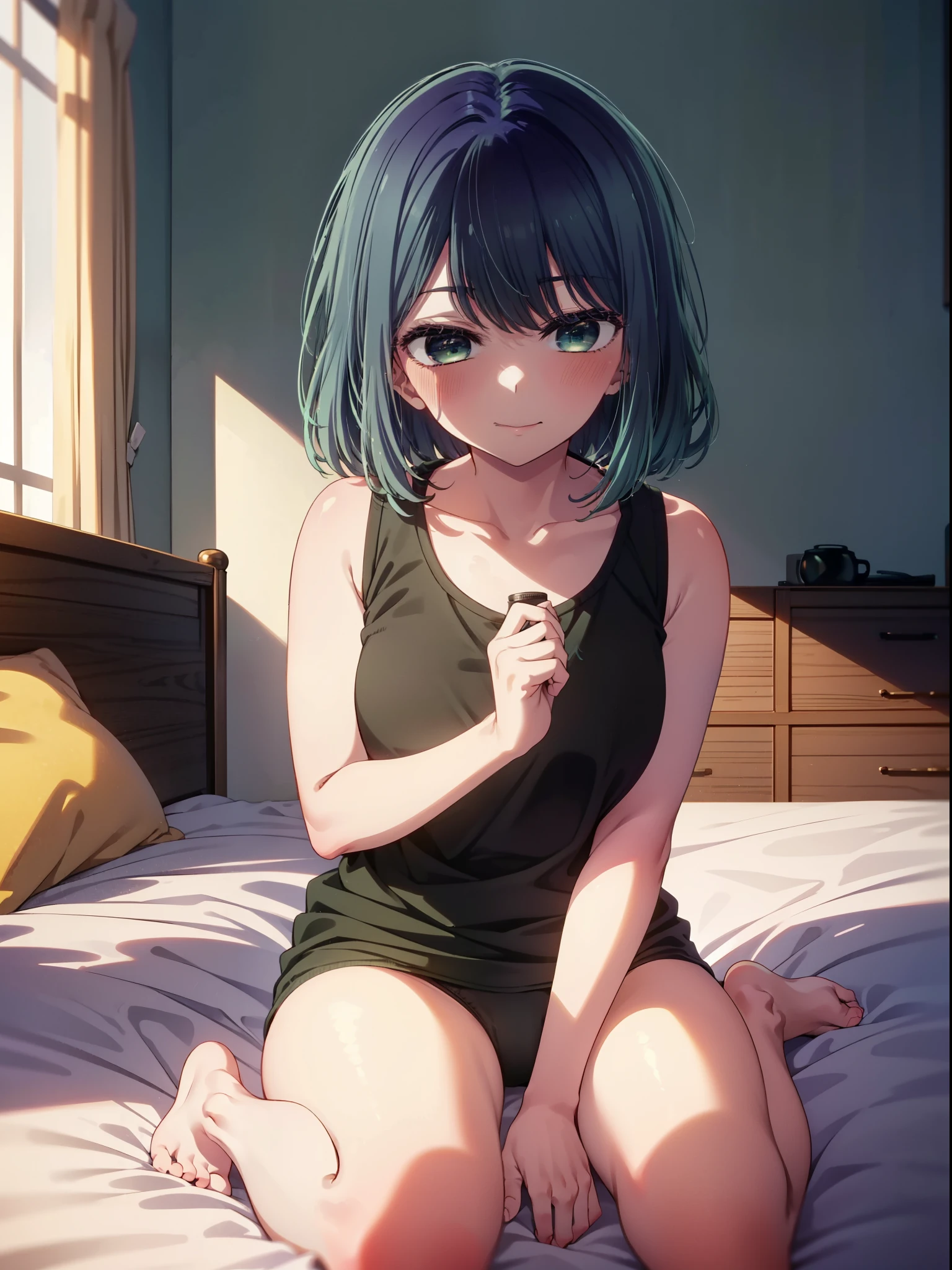 akanekurokawa, akane kurokawa, bangs, (Green Eyes:1.3), Blue Hair, Long Hair, dark Blue Hair,Black Tank Top,purple string underwear,barefoot,Sitting on the bed,Sleepy eyes,smile,blush,morning,morning陽,The sun is rising,whole bodyがイラストに入るように,
break indoors, Bedroom,
break looking at viewer,whole body,(Cowboy Shot:1. 5) 
break (masterpiece:1.2), Highest quality, High resolution, unity 8k wallpaper, (figure:0.8), (Beautiful attention to detail:1.6), Highly detailed face, Perfect lighting, Highly detailed CG, (Perfect hands, Perfect Anatomy),