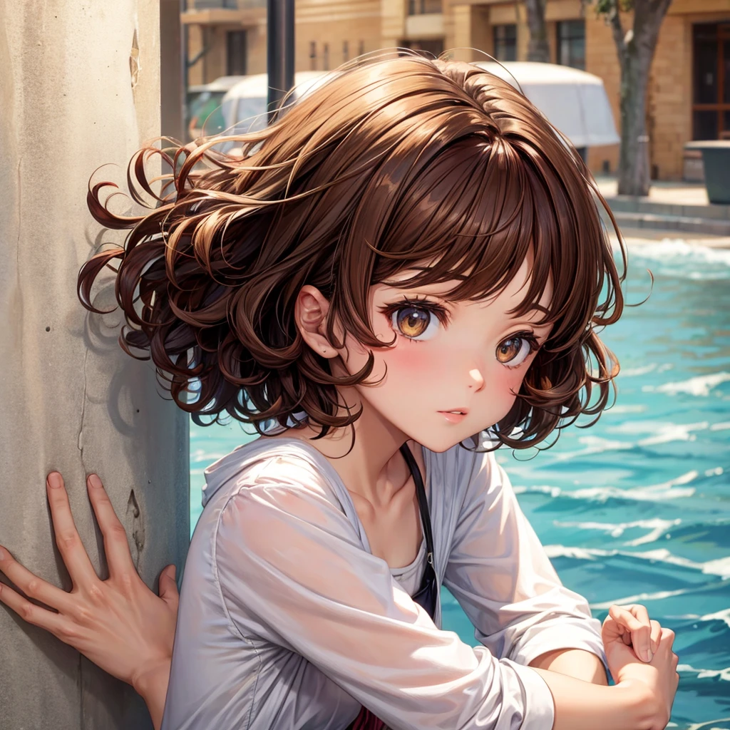 with almond eyes, short curly brown hair