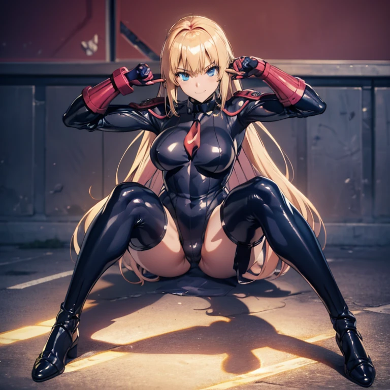 Super detailed, Explicit, Beautiful body, Beautiful Nose, Beautiful character design, Perfect Eyes, Perfect Face, Ultra-high resolution, 4K, Beautiful feet, Perfect Legs, Nice hands, Perfect hands, masterpiece, Highest quality, Very detailed, figure, Absurd, Street Fighter, Doll Suit, Shadaloo Doll, doll suit, Expressionless, Hollow Eyes, Watching the audience, Red gloves, Emotionless, black latex, corruption, Mind control, Female Combatant, Full Body, Hypnosisにかかった, Unfortunate trance, Full Body suit, Ribbed bodysuit, Arms at your sides, follow, Perfect female body, extremely glossy latex, Hypnosis, Hypno Lola, Empty Eyes, Mind control装置, Pauses, Obedient_Pause, Slave, Have, tie, Are standing, Are standing up straight, 注意してAre standing, Have, yellow tie, belt, latex, Ribbed bodysuit, Knee socks, garter belt, Combat Ready, Extend your right arm from your shoulder and reach your hand out into the air., army, Thigh Boots, alone, Classroom of the Elite, ichinose honami, Pink blonde hair, blue eyes, Long Hair, Large Breasts, Wicked Smile, With an evil smile