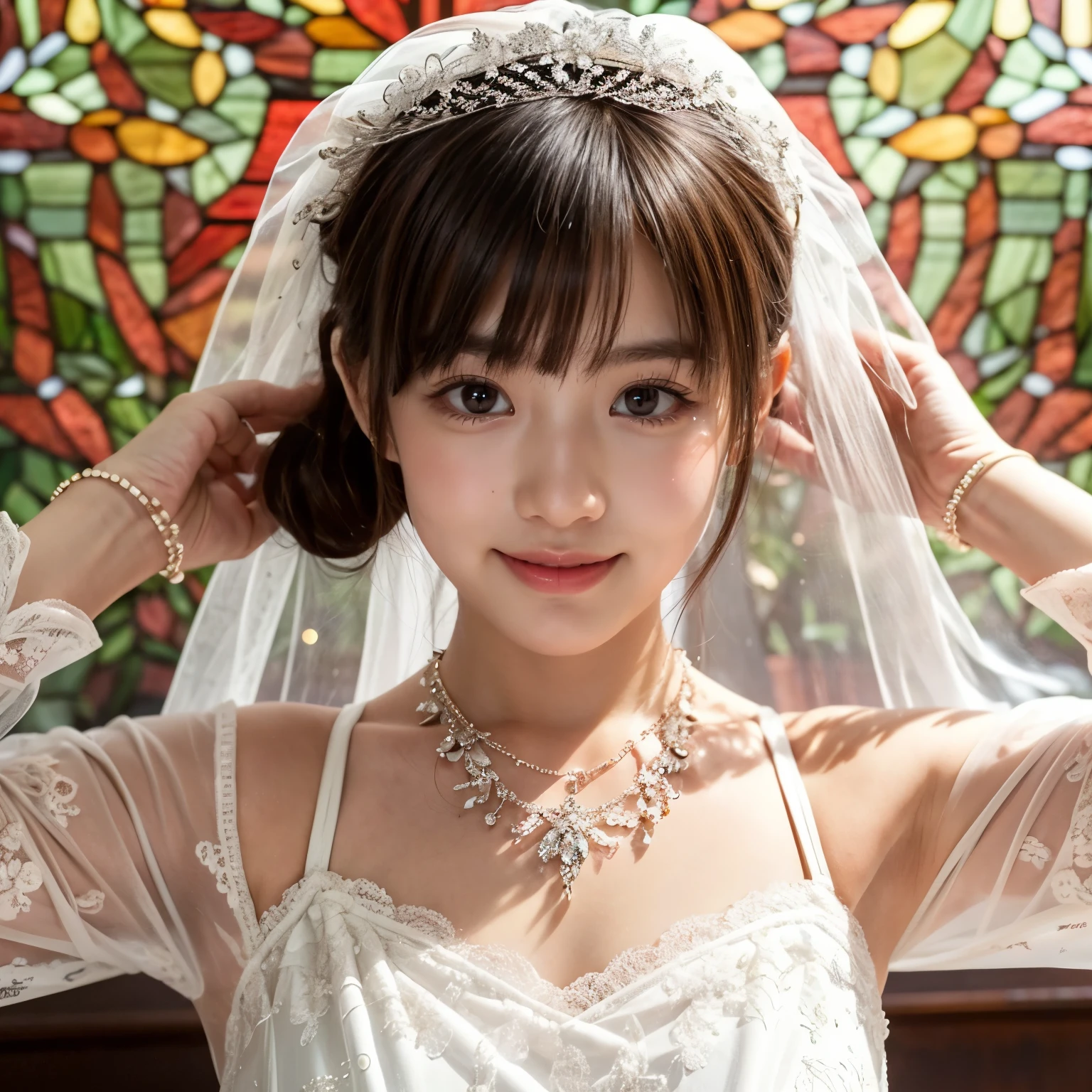 (CeilingShot from Below:1.28), White and Blood Red, (Masterpiece 8K TopQuality:1.2) (ProfessionalPhoto:1.37) ExtremelyDetailed (((FullBody, KAWAII girl with HUGE boobs:1.37)) in (WHITE Lace Wedding MiniDress:1.28)) detailed (Delicate Lace textures), (Detailed(Distant Elaborate Stainedglass Background:1.37) (Tyndall Effect) (Oodles Dazzling NeonColor Particles:1.32)) BREAK ((ZoomLayer, BokeH))PerfectLighting, (((NOGIZAKA FaceVariations))), Extremely Detailed (very KAWAII Face), Childish CaptivatingGaze Stunning ParfectEyes ElaboratePupils with (SparklingHighlights:1.28), Radiant PearlSkin with Transparency . { (Dynamic Joyful expressions LifeLike Rendering:1.4) | (:d) }, (Acutance:0.8) .