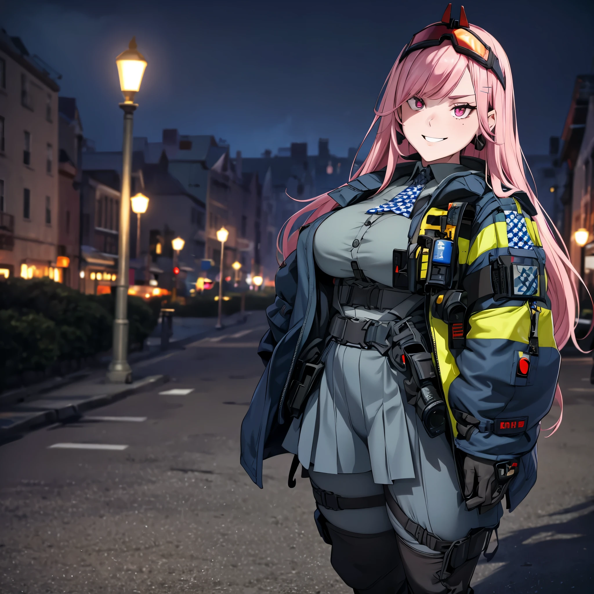 A woman wearing a black military shirt, with military camouflage, long sleeves, cargo pants with military camouflage, green arm band, pink hair, long hair, hot pink eyes, black boots, muscular, large breasts, at a high point of a rock, smiling, standing upright, with a view of the big city, place at night, lighting in place.(solo woman) ,UHD , prime work , accurate , anatomically correct , textured skin , super details , high quality , best quality, 8k, high resolution, bokeh effect.
