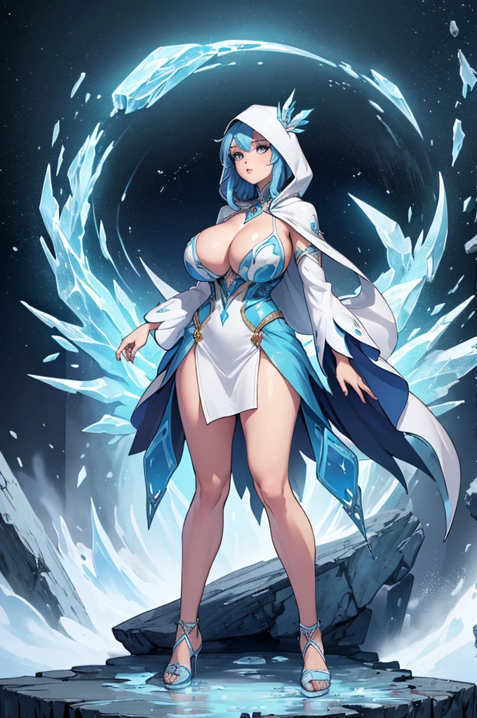 (masterpiece, best quality, high resolution, ((full body, standing,))((huge breasts )) 1 woman, 1 elegant-looking ice echisera, ice hooded magic echisera dress, ( (whole body))

