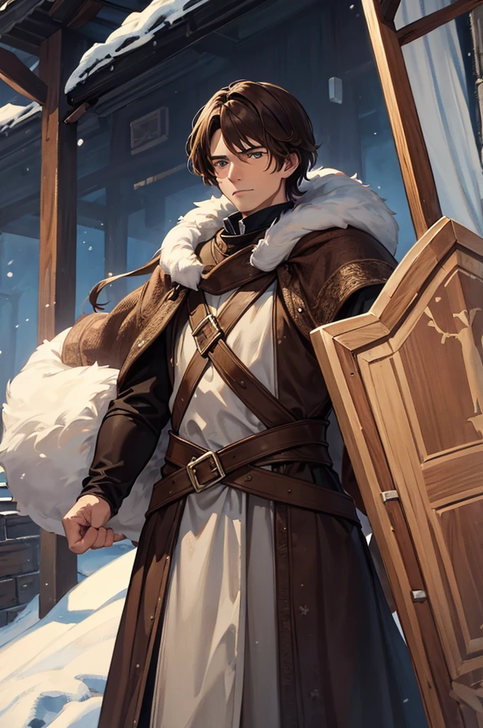 Brown-haired adult man in medieval winter clothes holding a wooden shield