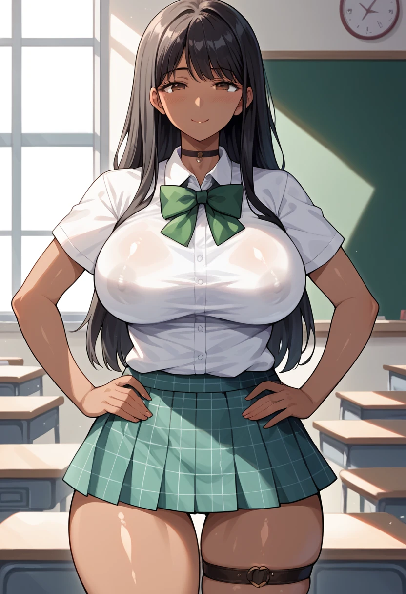 masterpiece, high quality, Fine grain,
One girl, Kotegawa Yui, Brown eyes, Black Hair, bangs, Long Hair, (Mature Woman, Mature Woman:1.2), Large Breasts, Volupture, Thick thighs, expensive, Long legs,Dark Skin, Sunburn, Bronze Skin,Oily skin, Shiny skin, A light smile, (Genital tattoo:1.0),
alone, View your viewers, indoor, classroom, School, Contrasting, Hands on hips, belly button, Yellow sweater vest, (White shirt tied:1.3), Short sleeve, Green bow tie, (Plaid microskirt:1.2), (String:0.8), choker, Thigh straps, Covered nipples,
anime_Coloring,