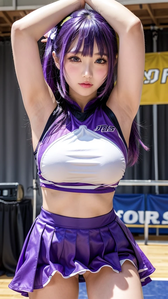 透け透けなCheerleader、Big Tits、Transparent nipples、Sheer skirt、Cheerleader、volleyball、stage、Pussy line、Purple Hair