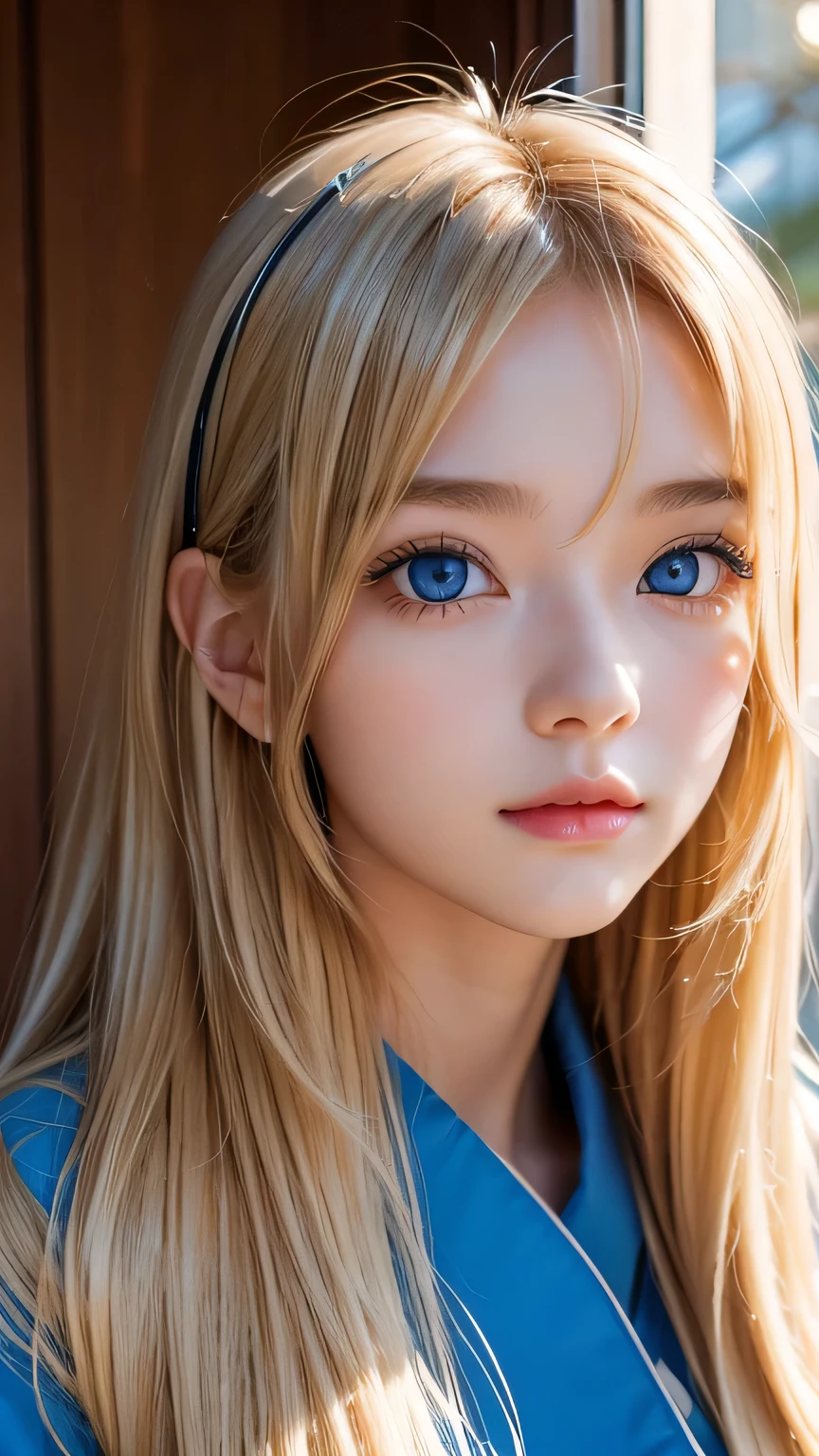 Very beautiful face、A beautiful girl、Super Long Hair、windy silky blonde super long hair、Swinging bangs、Cute sexy 16 year old blonde girl with bright blue eyes、Hair above the eyes、片Hair above the eyes、Hair between the eyes、Big bright blue eyes that sparkle so beautifully、eyeliner、Bright expression、