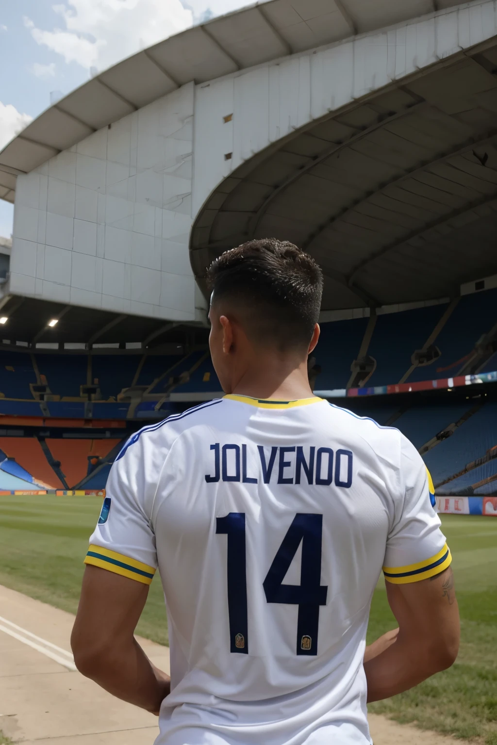What does Javier 07 say with the Colombian national team shirt with his back to the stadium?
