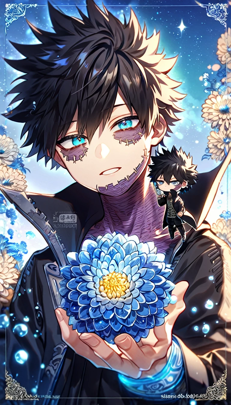 absurdres, highres, ultra detailed, HDR, master piece, best quality, extremely detailed, Dabi chibi, black hair, expressive turquoise eyes, Boku No Hero Academia, solo, boy, cute, black coat, fantasy, water, sparkling, blue glittering fireflies, blue moon, blue blossoms, blue chrysanthemums, blue sparkling lights, starry sky