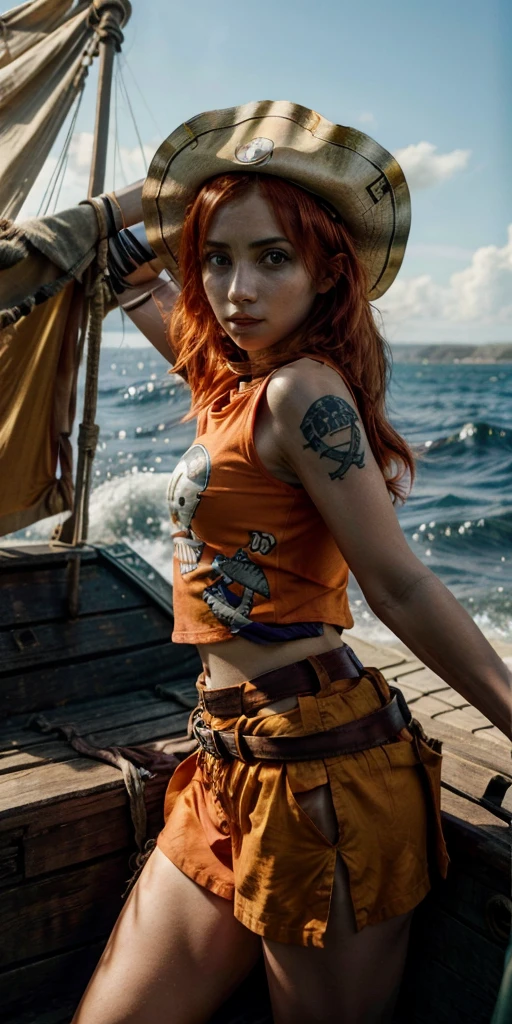 Emily Rudd, Nami, One Piece, pirate clothes, in the pirate boat, around the sea, expressive eyes, close camera, redhead hair, orange skirt, tight t-shirt, shark tattoo on arm, sunny day, yellow t-shirt, jeans shorts 