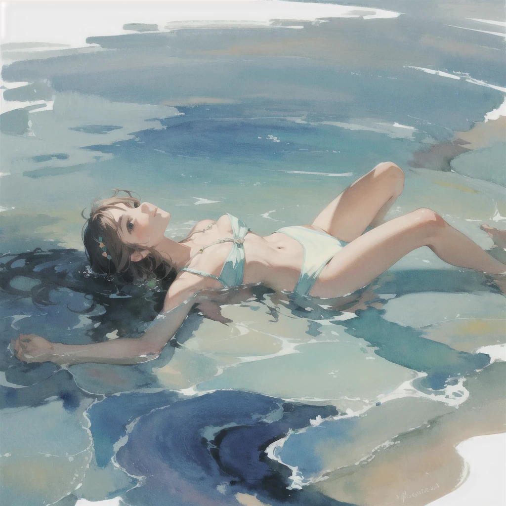 Tranquil voyager girl, in watercolor style, Photorealism, discreet peach and mint shades, barefoot
