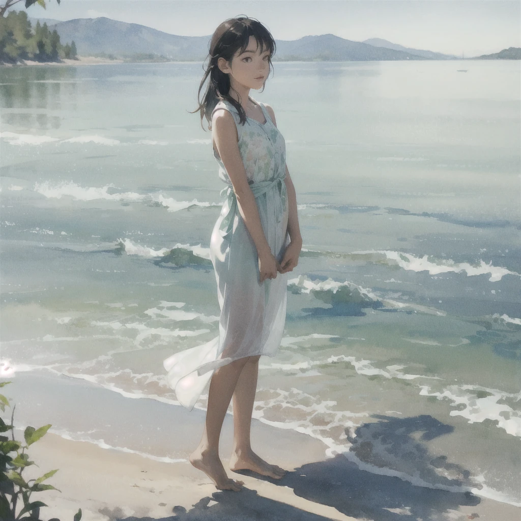 Tranquil voyager girl, in watercolor style, Photorealism, discreet peach and mint shades, barefoot