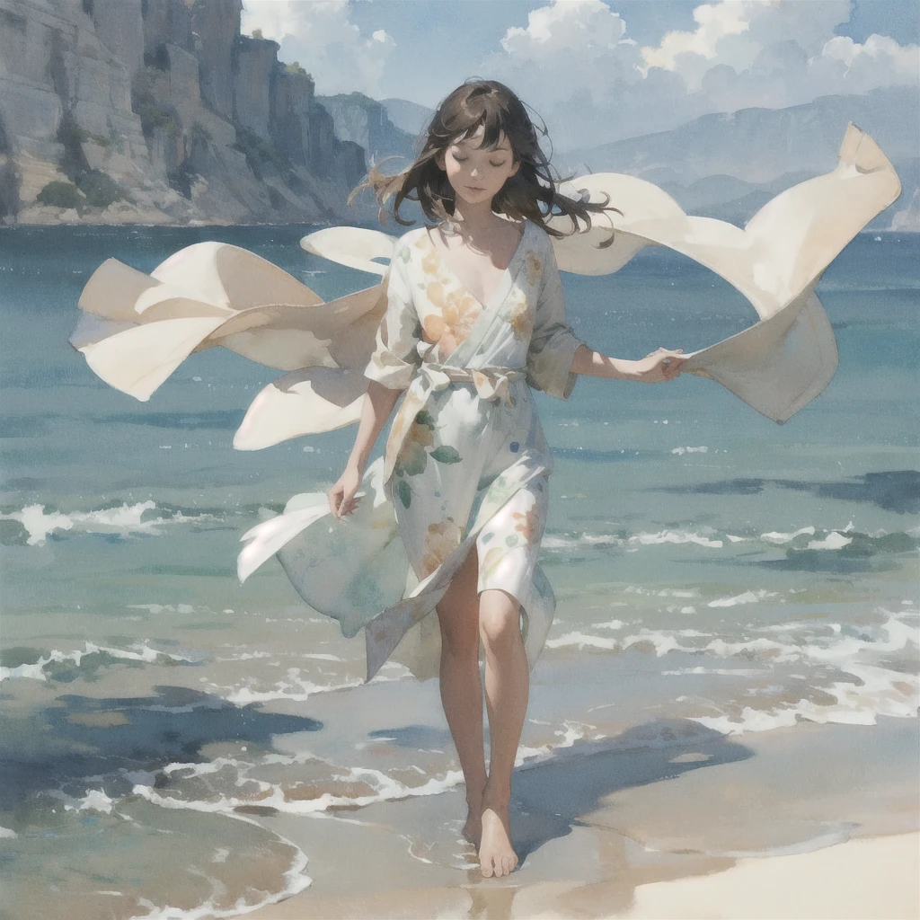 alone in the universe, Paint in watercolor style, Photorealism, discreet golden and ruby and mint shades, (nude) a gentle, modest thin girl  with tender nipples walks barefoot in the distance along the coast