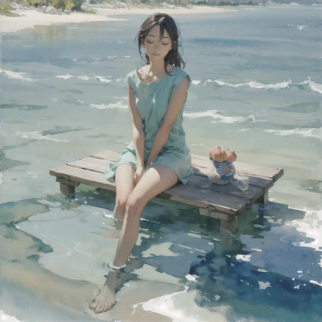 Tranquil voyager girl, in watercolor style, Photorealism, discreet peach and mint shades, barefoot