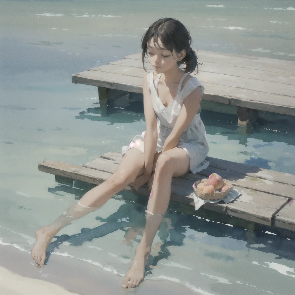 Tranquil voyager girl, in watercolor style, Photorealism, discreet peach and mint shades, barefoot
