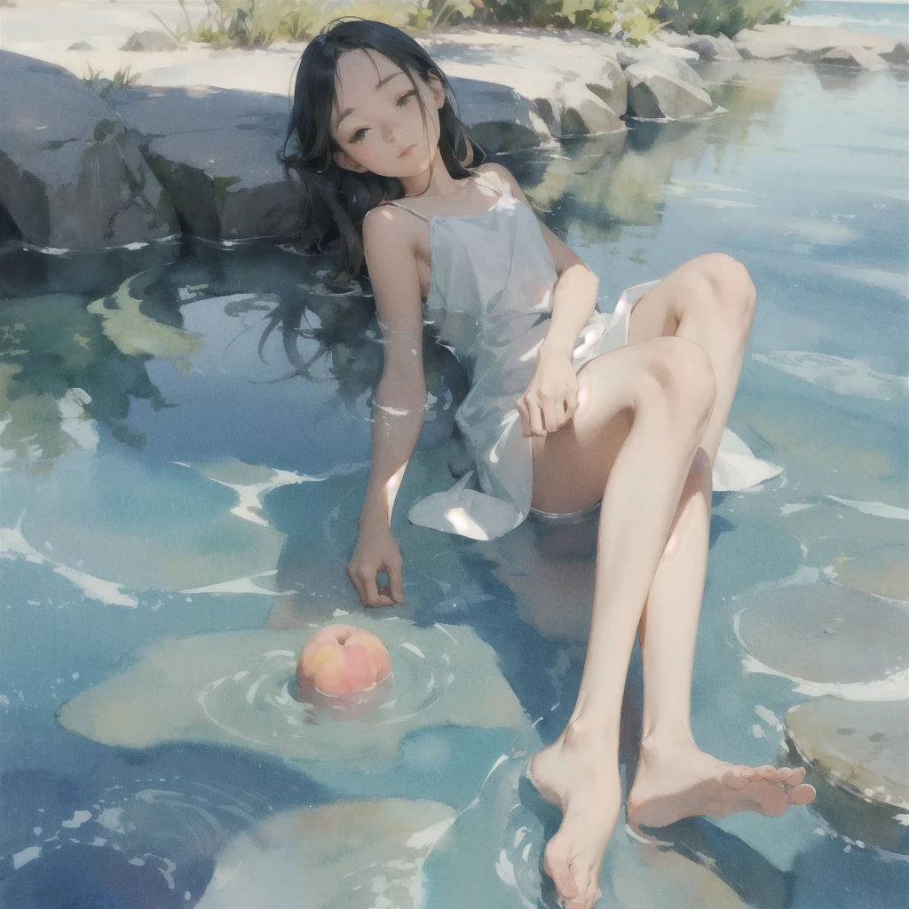 Tranquil voyager girl, in watercolor style, Photorealism, discreet peach and mint shades, barefoot