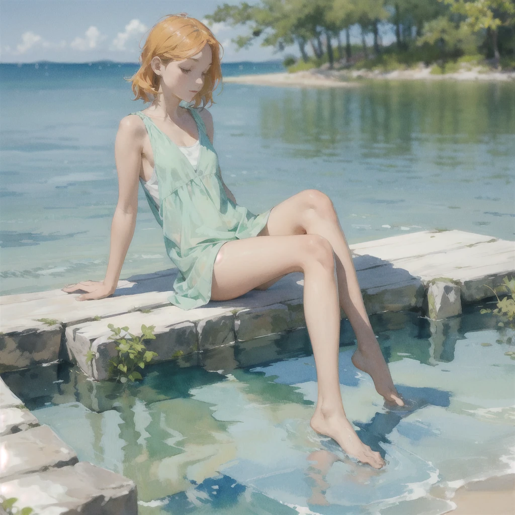 Tranquil voyager girl, in watercolor style, Photorealism, discreet peach and mint shades, barefoot