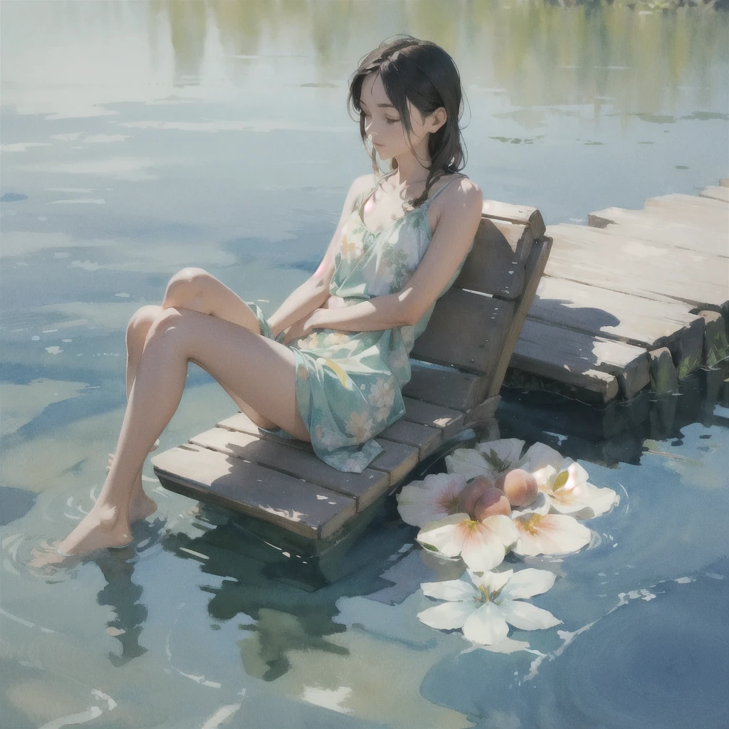 Tranquil voyager girl, in watercolor style, Photorealism, discreet peach and mint shades, barefoot