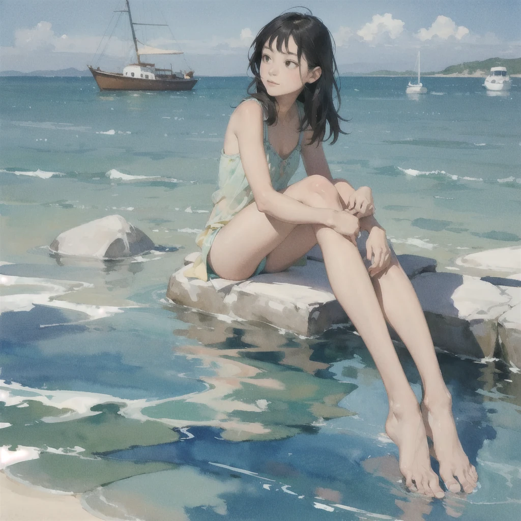 Tranquil voyager girl, in watercolor style, Photorealism, discreet peach and mint shades, barefoot