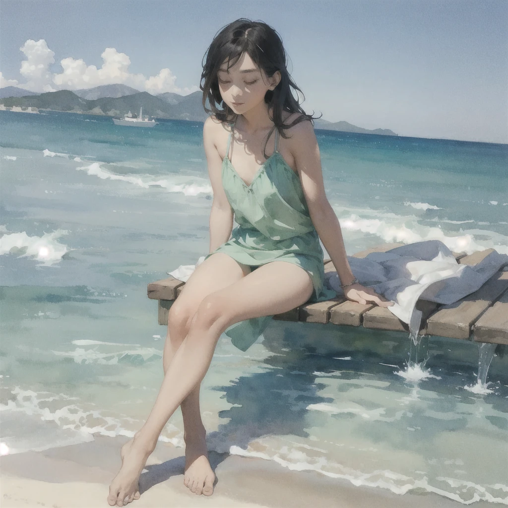 Tranquil voyager girl, in watercolor style, Photorealism, discreet peach and mint shades, barefoot