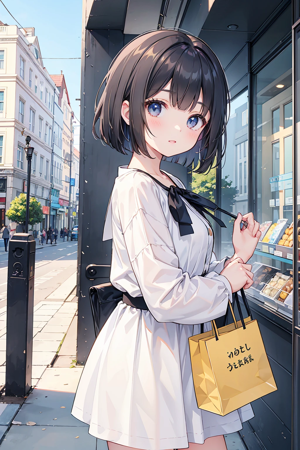 Photorealistic、Highest quality、Highest Resolution、Highest quality、8K、1人のBeautiful woman、Beautiful woman、Beautiful woman、cute、Bob Cut Hair、Dark Hair Color、Casual Style、sunny、In town、shopping、