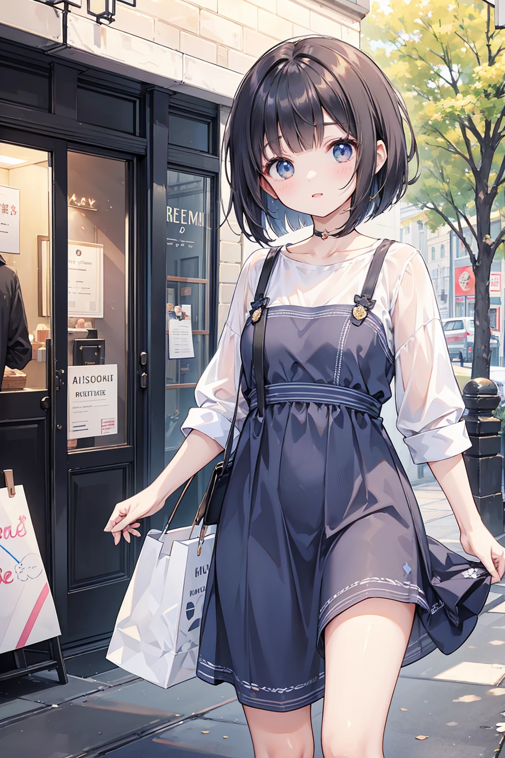 Photorealistic、Highest quality、Highest Resolution、Highest quality、8K、1人のBeautiful woman、Beautiful woman、Beautiful woman、cute、Bob Cut Hair、Dark Hair Color、Casual Style、sunny、In town、shopping、