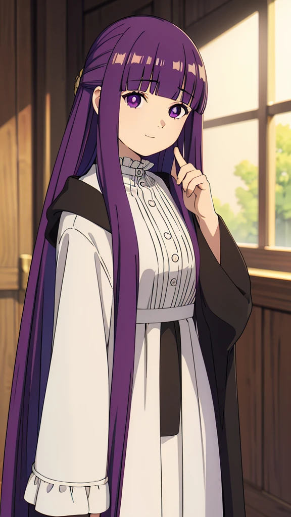 è²ä¼¦,1girl,solo,purple hair,long hair,purple eyes,blunt bangs,sidelocks,half updo,bright pupils, hair ornament,frilled collar,black robe,white dress,center frills,buttons,wide sleeves,long sleeves,curvy,cowboy shot,brown coat,from side,smile,, Exquisite visuals, high-definition,masterpiece,best quality,, 20yo,Young female,Beautiful Finger,Beautiful long legs,Beautiful body,Beautiful Nose,Beautiful character design, perfect eyes, perfect face,expressive eyes, looking at viewer, official art,extremely detailed CG unity 8k wallpaper, perfect lighting,Colorful, Bright_Front_face_Lighting,shiny skin, (masterpiece:1.0),(best_quality:1.0), ultra high res,4K,ultra-detailed, photography, 8K, HDR, highres, absurdres:1.2, Kodak portra 400, film grain, blurry background, bokeh:1.2, lens flare, (vibrant_color:1.2), (beautiful_face:1.5),(narrow_waist),