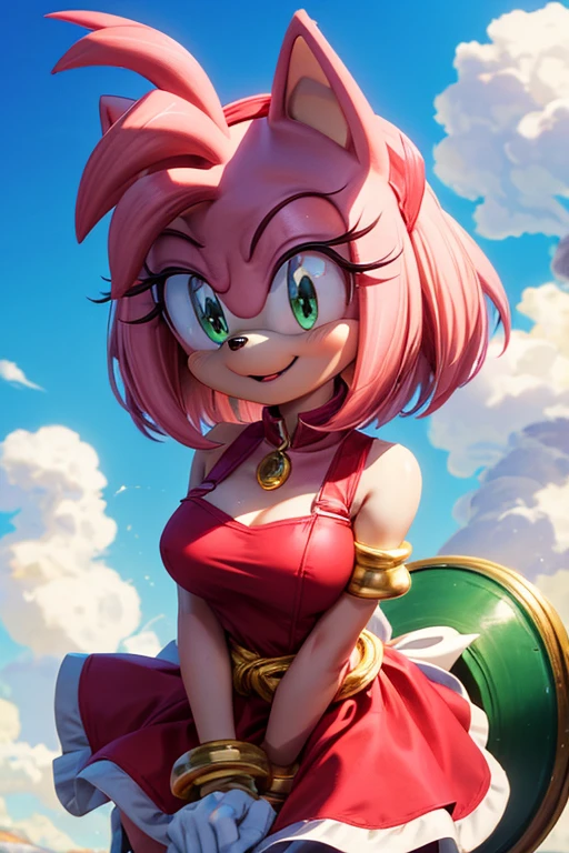 Amy Rose young pink hedgehog with green eyes. It measures 1 meter and weighs approximately 25 kg... She wears a red dress with a white bow on her chest and wears red boots with white details...... She wears a gold bracelet on each wrist and a red diadem on her head...... Her most distinctive feature is her long pink hair that reaches to her waist....., which is often tied in a ponytail.