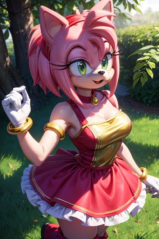 Amy Rose young pink hedgehog with green eyes. It measures 1 meter and weighs approximately 25 kg... She wears a red dress with a white bow on her chest and wears red boots with white details...... She wears a gold bracelet on each wrist and a red diadem on her head...... Her most distinctive feature is her long pink hair that reaches to her waist....., which is often tied in a ponytail.