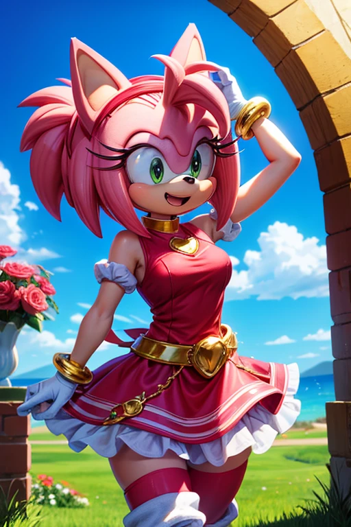 Amy Rose young pink hedgehog with green eyes. It measures 1 meter and weighs approximately 25 kg... She wears a red dress with a white bow on her chest and wears red boots with white details...... She wears a gold bracelet on each wrist and a red diadem on her head...... Her most distinctive feature is her long pink hair that reaches to her waist....., which is often tied in a ponytail.