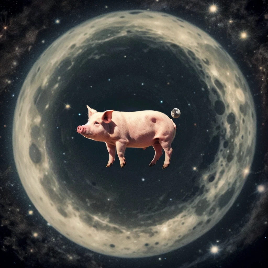 The logo consists of a circle that represents the moon, inside which is a pig flying in outer space. The pig symbolizes originality and creativity, while outer space evokes a sense of adventure and exploration. The design is modern, with vibrant colors and a unique style that makes it memorable and eye-catching. the name of the product "A circle and inside the circle a pig flying in outer space near the moon" presented in an elegant and sophisticated way, reinforcing the image of a leading and popular brand in the shirt market.