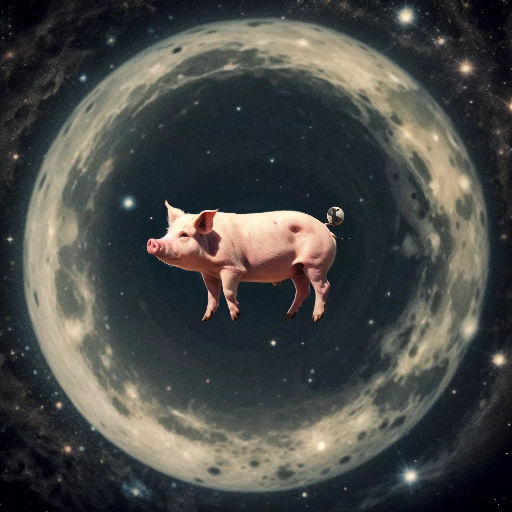 The logo consists of a circle that represents the moon, inside which is a pig flying in outer space. The pig symbolizes originality and creativity, while outer space evokes a sense of adventure and exploration. The design is modern, with vibrant colors and a unique style that makes it memorable and eye-catching. the name of the product "A circle and inside the circle a pig flying in outer space near the moon" presented in an elegant and sophisticated way, reinforcing the image of a leading and popular brand in the shirt market.