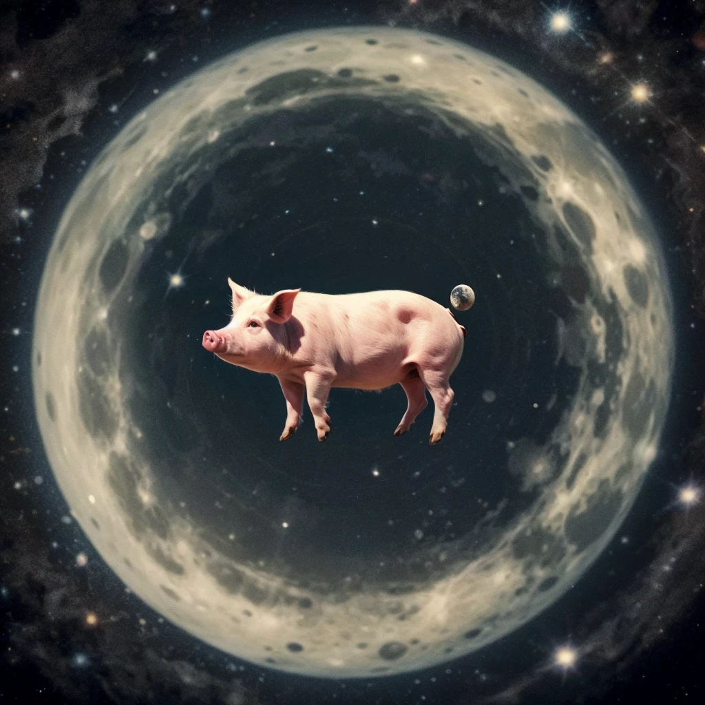 The logo consists of a circle that represents the moon, inside which is a pig flying in outer space. The pig symbolizes originality and creativity, while outer space evokes a sense of adventure and exploration. The design is modern, with vibrant colors and a unique style that makes it memorable and eye-catching. the name of the product "A circle and inside the circle a pig flying in outer space near the moon" presented in an elegant and sophisticated way, reinforcing the image of a leading and popular brand in the shirt market.