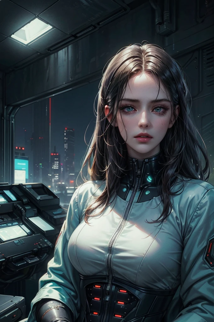 a detailed cyberpunk android portrait, beautiful detailed eyes, beautiful detailed lips, extremely detailed face and features, cinematic lighting, dramatic atmosphere, hyper-realistic, 8k, detailed machinery, glowing cybernetic implants, neon cityscape in the background, moody color palette, volumetric lighting, intricate circuitry, photorealistic