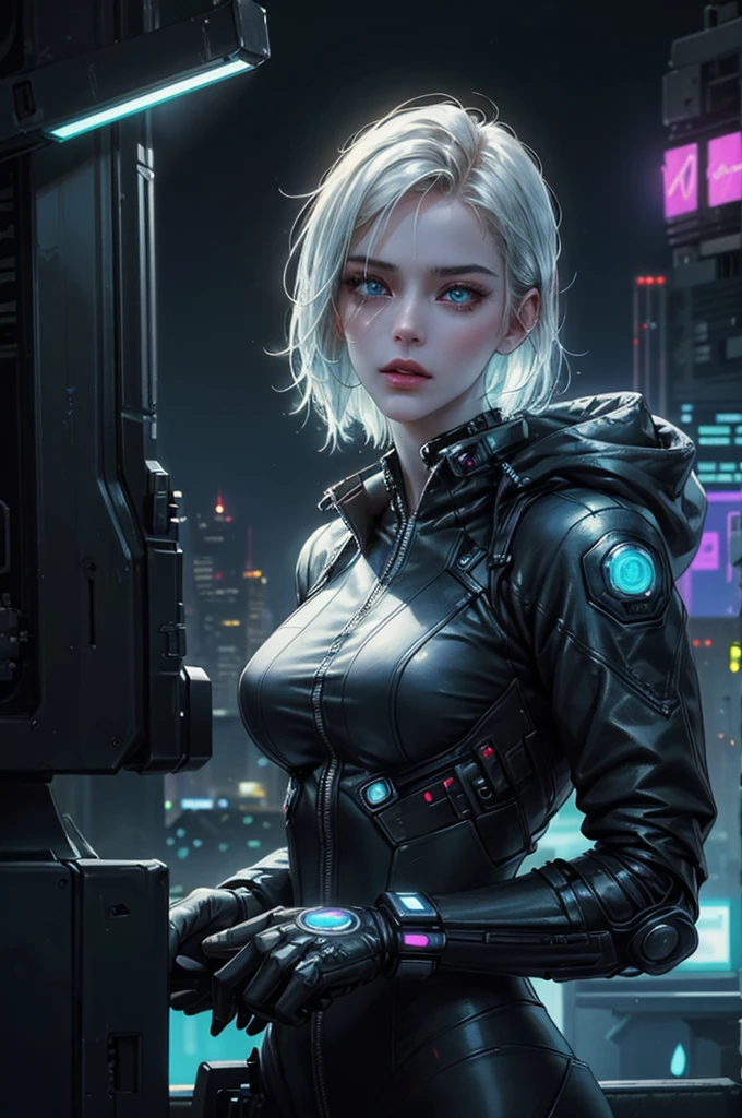 a beautiful white-haired queen, future themed, ((wearing black formal clothes, black mechanical outfit)), sci-fi, ((dark tones, depressed tones, despair, war, pain)), (((a regular in the background) army there))), (((blue eyes, blue digital eyes)), sci-fi action scene, ultra realistic 8k, masterpiece, highly detailed, fine details best quality, hyperdetailed face, (photorealistic:1.4), (highest quality), (best shadow), high contrast, 8k HD,