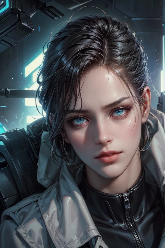 a detailed cyberpunk android portrait, beautiful detailed eyes, beautiful detailed lips, extremely detailed face and features, cinematic lighting, dramatic atmosphere, hyper-realistic, 8k, detailed machinery, glowing cybernetic implants, neon cityscape in the background, moody color palette, volumetric lighting, intricate circuitry, photorealistic