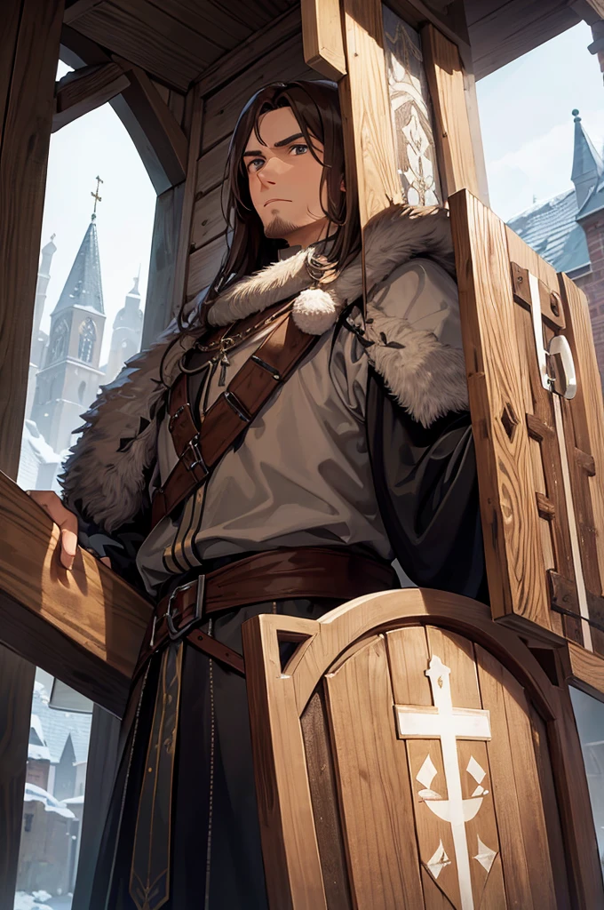 Brown-haired religious adult man , in medieval winter clothes with a wooden shield held
