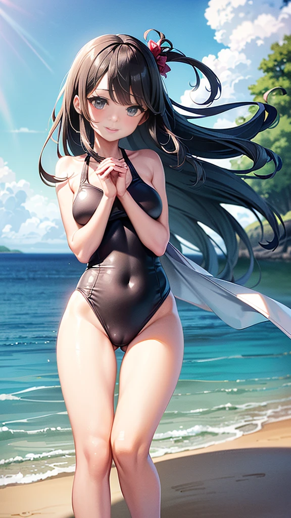 ((Sandy beach with clean sea:1.2, beautiful girl達が水着姿を披露:1.3)), (Petite and slender body line)、(Big beautiful breasts:1.2, Fascinating cleavage:1.3、Beautifully shaped side boob)、Thin thighs、(sexy Charming small beautiful butt:1.2), (Narrow waist), (Detailed eyes and face:1.2, Professional photography techniques)、(Perfect Anatomy)、(Gaze at the viewer、beautiful girl、Baby Face:1.5、Cute Smile、blush:1.2)、(Highest quality、Highest quality、Masterpiece、Ultra high definition、Reality:1.3)、(Detailed hands:1:1, Anatomically correct hand:1.1、Beautiful little hands of a girl:1.3)、(Dynamic Pose)、(Smooth, straight, beautiful hair、Hair blowing in the wind:1.3)、(Uniquely designed swimsuit:1.3)、Sexy side bangs、Red eyeshadow