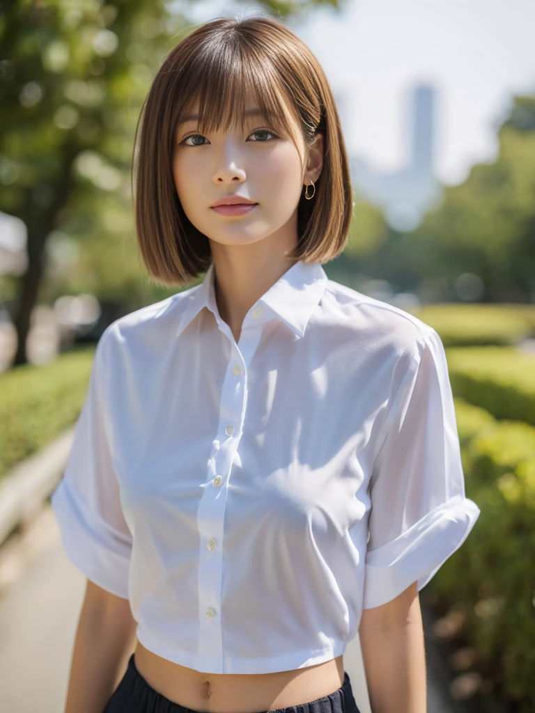 ((Highest quality、In 8K、masterpiece:1.3))、Sharp focus:1.2、Beautiful woman perfect body:1.4、Slim Abs:1.2、((Short Hair:1.2))、(trendy fashion in tokyo、shirt:1.1)、White background、Wet body:1.5、Three-dimensional texture、Detailed eyes、(Brown Hair、Black Hair:1.2)、Very shiny hair、Backward view、Hair quality improvement、Handsome short、Short-haired blonde。